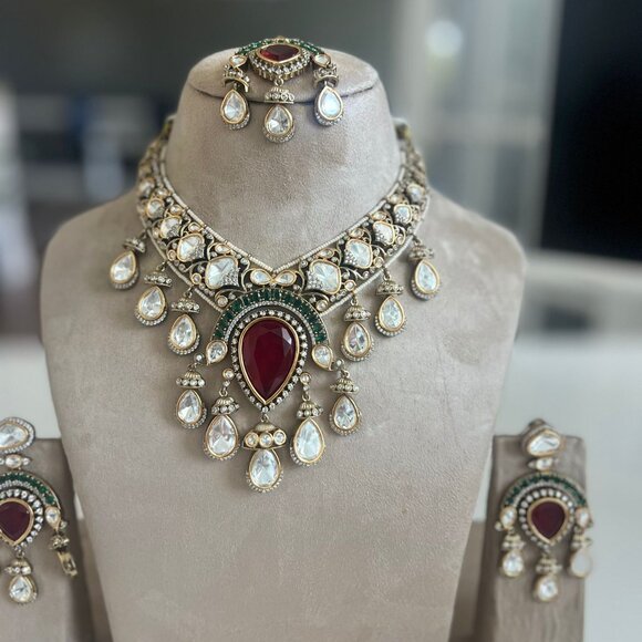 Victorian Polki Kundan Choker Necklace Set | Ruby Emerald Wedding Jewelry - Picture 14 of 15